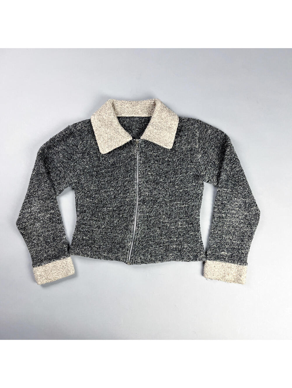 Vintage Sweater Jacket | Women's Grey and Cream Textured Zip-Up Cardigan
